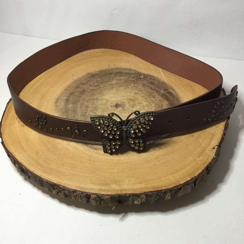Women’s Brown Faux Leather Rhinestone Butterfly Buckle Belt Size 11